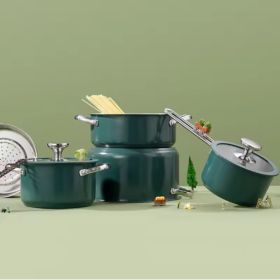 4pcs Stainless Steel Ceramic Coated Pot Set, Including 1 Milk Pot, 2 Stockpots, 1 Non-stick Pan, 4 LIDS And 1 Steamer Green (Color: Green)